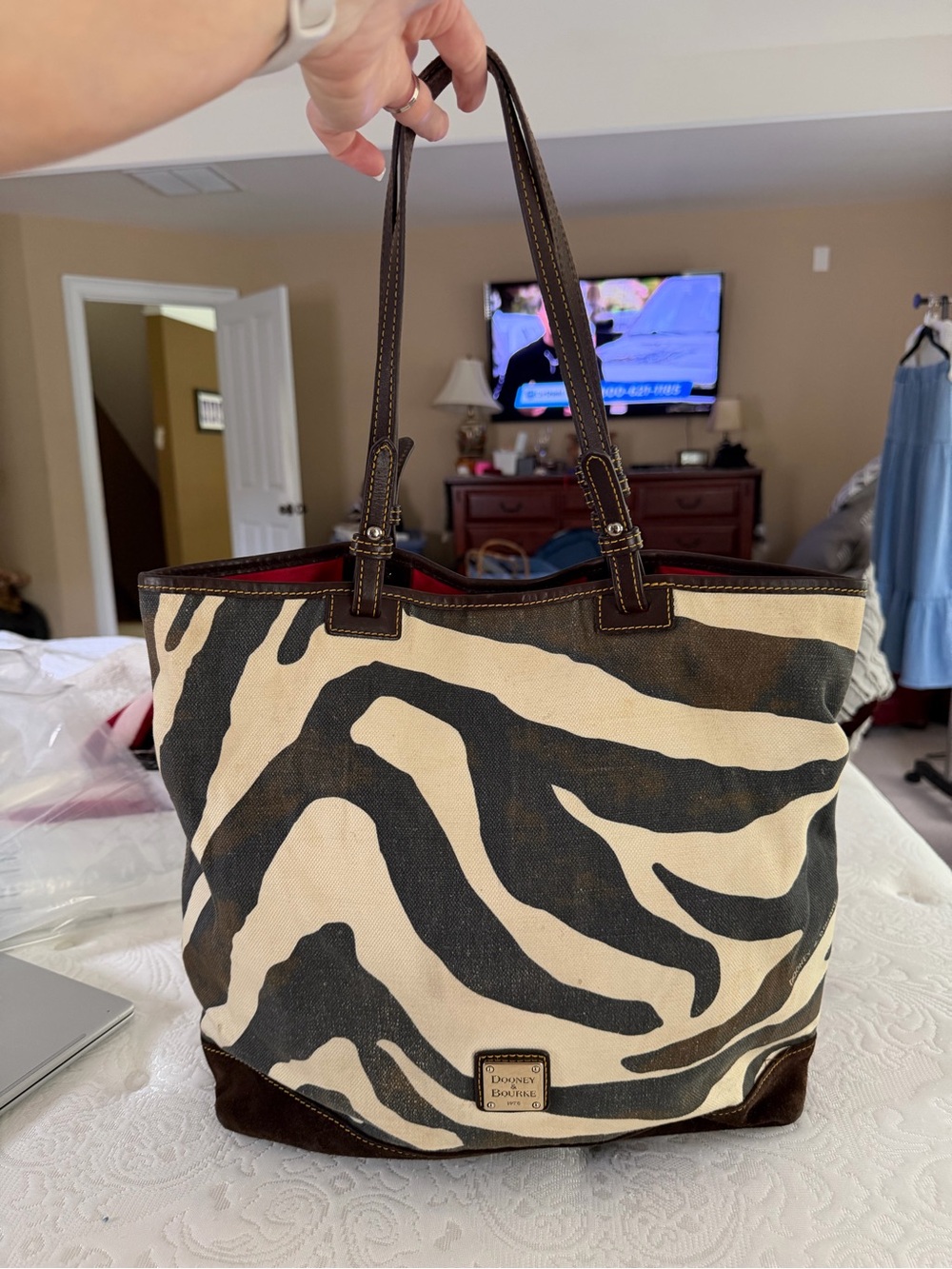 Dooney & Bourke Zebra Print Canvas and Suede Tote Bag in Brown & Cream